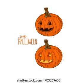 Hand drawn sketch style funny round hallowed-out pumpkins. Jack-o'-lanterns on and off. 