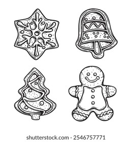 Hand drawn sketch style gingerbread set. Snowflake or star, bell, Xmas tree and gingerbread man. Vintage retro Christmas baked goods. Vector illustrations isolated on white.