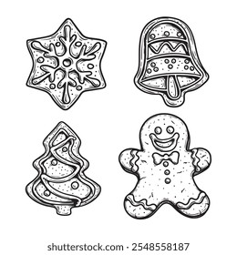 Hand drawn sketch style gingerbread set. Snowflake or star, bell, Xmas tree and gingerbread man. Vintage retro Christmas baked goods. Vector illustrations isolated on white.