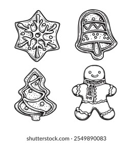 Hand drawn sketch style gingerbread set. Snowflake or star, bell, Xmas tree and gingerbread man. Vintage retro Christmas baked goods. Vector illustrations isolated on white.