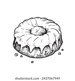 Hand drawn sketch style glazed Pound Cake. Sweet baked goods. Best for bakery and holiday designs. Vector illustration in retro style isolated on white.