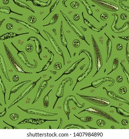 Hand drawn sketch style green chili peppers seamless pattern on green background. Color illustration.