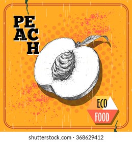 Hand drawn sketch style half of peach fruit. Vintage eco food vector poster. Halftone yellow background.