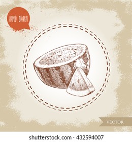 Hand drawn sketch style half of watermelon with watermelon triangle slice. Vector illustration. Vintage fruit design isolated on grunge background.