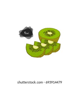 Hand drawn sketch style half kiwi and sliced kiwi on white background. Color illustration.