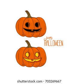 Hand drawn sketch style hallowed-out pumpkins on white background. Jack-o'-lanterns on and off. Happy halloween art.