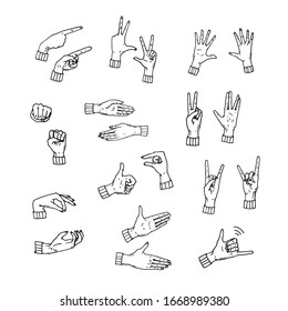Hand drawn sketch style hands set. Vector illustration of hand gestures. 