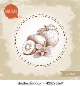 Hand drawn sketch style healthy fruits. Apple, kiwi fruits and mint branch. 