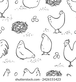 Hand drawn sketch style hen and rooster seamless pattern