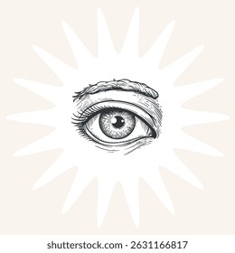 Mão desenhado esboço estilo olho humano. Visão, anatomia, maquiagem, símbolo do salão de beleza. Ilustração vetor vintage isolada no fundo claro.