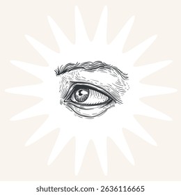 Mão desenhado esboço estilo olho humano. Visão, anatomia, maquiagem, símbolo do salão de beleza. Ilustração vetor vintage isolada no fundo claro.