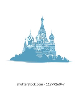 Hand drawn sketch style illustration of Saint Basils Cathedral in Moscow, Russia. Russian landmarks. Orthodox curch. Mono color silhouette in blue on white background. Vector illustration