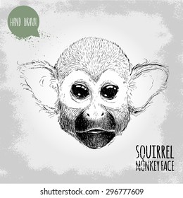 Hand drawn sketch style illustration of monkey face. Chinese zodiac sign. Squirrel monkey face. T-shirt and placard design. Vector illustration.