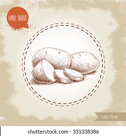 Hand drawn sketch style illustration of ripe potatoes and slices. Eco food vintage vector illustration