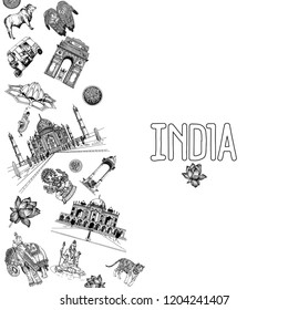 Hand drawn sketch style India themed objects. Vector illustration.