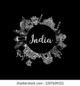 Hand drawn sketch style India themed objects. Vector illustration.
