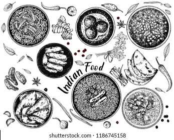 Hand drawn sketch style Indian food isolated on white background. Vector illustration.