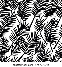Hand drawn sketch style ink palm leaves. Vector seamless pattern for textile, card, print.