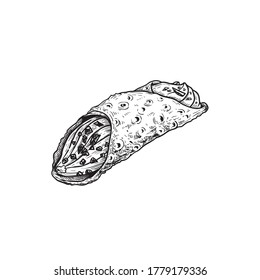Hand drawn sketch style Italian dessert cannoli. Fried sweet pastry and ricotta cheese cream. Chocolate crispies decorated. Traditional Italian and Sicilian sweets. Vector illustration 