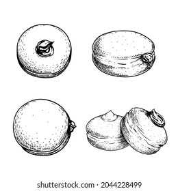 Hand drawn sketch style Italian Bombolone set. Baked with chocolate and white cream inside. Traditional Italian desserts. Best for packaging and menu designs. Vector illustrations.