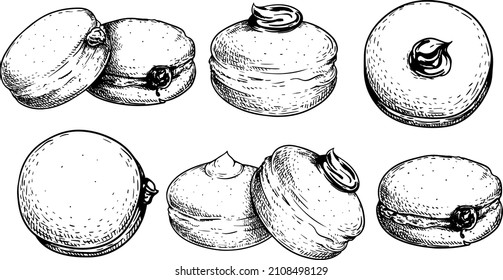 Hand drawn sketch style Italian Bombolone set. Baked with chocolate and white cream inside. Traditional Italian desserts. Best for packaging and menu designs. Vector illustrations.