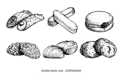 Hand drawn sketch style Italian pastry set. Cannoli, savoyardi, bombolone, pignoli, sfogliatelle, amaretti. Traditional italian sweets. Best for menu and package designs. Vector illustrations.