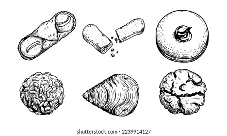 Hand drawn sketch style Italian pastry set. Cannoli, savoyardi, bombolone, pignoli, sfogliatelle, amaretti. Traditional italian sweets. Top view. Best for menu and package designs. 