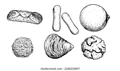 Hand drawn sketch style Italian pastry set. Cannoli, savoyardi, bombolone, pignoli, sfogliatelle, amaretti. Traditional italian sweets. Top view. Best for menu and package designs. 