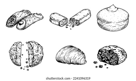 Hand drawn sketch style Italian pastry set. Cannoli, savoyardi, bombolone, pignoli, sfogliatelle, amaretti. Traditional italian sweets. Best for menu and package designs. Vector illustrations.