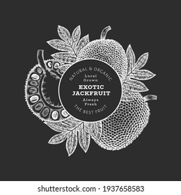 Banner de jackfruit estilo boceto dibujado a mano. Ilustración vectorial de fruta fresca orgánica en pizarra de tiza. Plantilla de diseño de fruta de pan retro