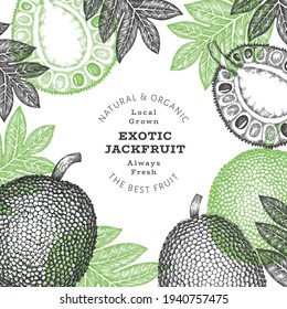 Handgezeichneter Jackfruchtbanner im Skizzenstil. Organische frische Früchte, Vektorgrafik. Design-Vorlage für Retro-Brotfrüchte