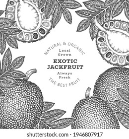 Hand drawn sketch style jackfruit banner. Organic fresh fruit vector illustration. Retro breadfruit design template