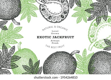 Hand drawn sketch style jackfruit banner. Organic fresh fruit vector illustration. Retro breadfruit design template