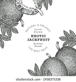 Hand drawn sketch style jackfruit banner. Organic fresh fruit vector illustration. Retro breadfruit design template