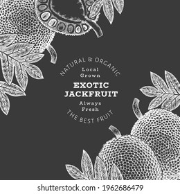 Hand drawn sketch style jackfruit banner. Organic fresh fruit vector illustration on chalk board. Retro breadfruit design template