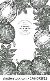 Hand drawn sketch style jackfruit banner. Organic fresh fruit vector illustration. Retro breadfruit design template