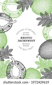 Hand drawn sketch style jackfruit banner. Organic fresh fruit vector illustration. Retro breadfruit design template