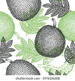 Hand drawn sketch style jackfruit seamless pattern. Organic fresh fruit vector illustration. Retro breadfruit background
