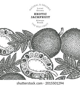 Hand drawn sketch style jackfruit banner. Organic fresh fruit vector illustration. Retro breadfruit design template