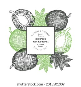 Banner de jackfruit estilo boceto dibujado a mano. Ilustración vectorial de fruta fresca orgánica. Plantilla de diseño de fruta de pan retro