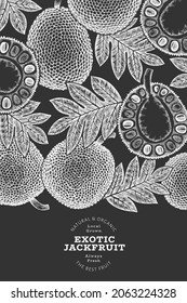 Hand drawn sketch style jackfruit banner. Organic fresh fruit vector illustration on chalk board. Retro breadfruit design template