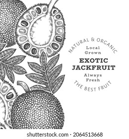 Hand drawn sketch style jackfruit banner. Organic fresh fruit vector illustration. Retro breadfruit design template
