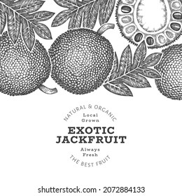 Hand drawn sketch style jackfruit banner. Organic fresh fruit vector illustration. Retro breadfruit design template