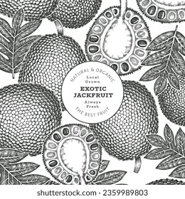 Hand drawn sketch style jackfruit banner. Organic fresh fruit vector illustration. Retro breadfruit design template