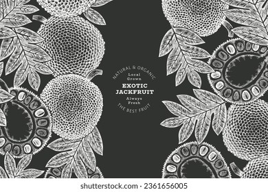 Hand drawn sketch style jackfruit banner. Organic fresh fruit vector illustration on chalk board. Retro breadfruit design template