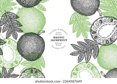 Banner de jackfruit estilo boceto dibujado a mano. Ilustración vectorial de fruta fresca orgánica. Plantilla de diseño de fruta de pan retro