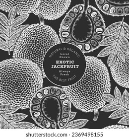 Hand drawn sketch style jackfruit banner. Organic fresh fruit vector illustration on chalk board. Retro breadfruit design template