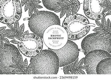 Banner de jackfruit estilo boceto dibujado a mano. Ilustración vectorial de fruta fresca orgánica. Plantilla de diseño de fruta de pan retro
