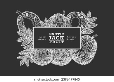 Banner de jackfruit estilo boceto dibujado a mano. Ilustración vectorial de fruta fresca orgánica en pizarra de tiza. Plantilla de diseño de fruta de pan retro