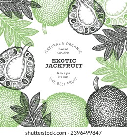 Banner de jackfruit estilo boceto dibujado a mano. Ilustración vectorial de fruta fresca orgánica. Plantilla de diseño de fruta de pan retro